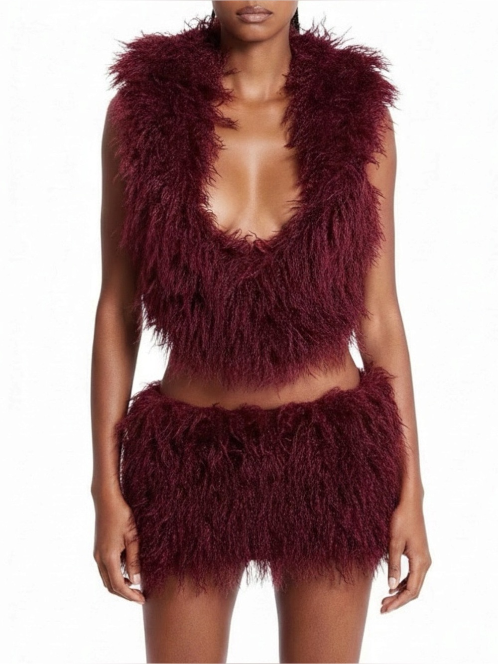 JADED LONDON Haka Feather Faux Fur Backless Top W/ Hoodie, Burgundy, S/M